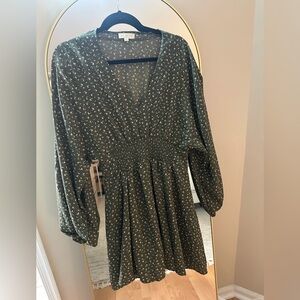 Dark Olive Green Patterned Long Sleeve Dress W Cinched Waist and Bell Sleeves